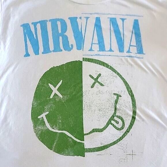 Nirvana White Blue Green Distressed Graphic Crop T-Shirt Top - Size Large - Picture 3 of 8